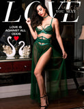 1 x RAW Customer Returns LOVE YOU SEXY Women s Lace Lingerie Set Lace Bra and Belt with Long Sheer Mesh Dress Nightdress with G-string 4 Pieces Lingerie Set Emerald Green 70B - RRP €40.32