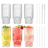 1 x RAW Customer Returns MSYU Pack of 6 ribbed glassware drinking glasses, 310 ml clear crystal glasses set with glass straws, origami style crystal glasses, ribbed glassware for coocktail, whiskey, juice, water - RRP €26.21