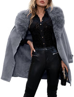 1 x RAW Customer Returns Giolshon Women s Suede Imitation Leather Jacket Long Cardigan Coat with Faux Fur Collar FF20 Gray XL - RRP €79.99