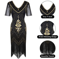 1 x RAW Customer Returns FEPITO 1920s V-Neck Sequin Beaded Fringe Dress with 20s Accessories Set Medium, Black Gold  - RRP €37.89