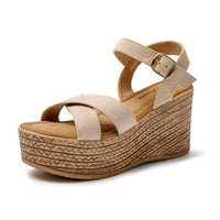 1 x RAW Customer Returns JOMIX Summer Women s Sandals Slippers Girls Sea Wedge Casual Beach with Crossed Bands with Buckle SD9104 Beige,37  - RRP €36.95