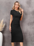 1 x RAW Customer Returns Missufe Summer Dress Midi Dress Bodycon Slit Pencil Dress Women Casual Dress Tight Short Sleeve Figure-hugging Gathered T Shirt Dresses Black, Medium  - RRP €29.99