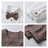 1 x RAW Customer Returns Volunboy Elegant Child Suit Shirts Bow Tie Caps Vest Trousers, Boy Clothing 5 Pieces Gentleman Wedding Ceremony 9-12 months, Brown, Size 70  - RRP €44.95