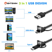 1 x RAW Customer Returns Lightswim Endoscope 3 in 1 USB Micro USB Type-C 1200P Inspection Camera 2.0 Megapixel HD Borescope Semi-Rigid Cable Waterproof Snake for Android Phone Windows MacBook OS Computer 5M  - RRP €21.17