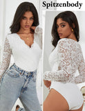 1 x RAW Customer Returns comeondear Sexy Bodysuit for Women Large Sizes Long Sleeve Tops Lace V-Neck Jumpsuit Bodysuit Curvy Lace Body Elegant Blouse Body Traditional Body Party Outfit Tops with Buttons White, XL  - RRP €28.99