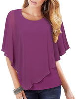 1 x RAW Customer Returns Vafoly Chiffon Blouses for Women Short Sleeve Casual Elegant Tops for Evening Wear Flattering Summer Tunic Women Fashion 2022 Work Casual Double Layer Lightweight Poncho Solid Color Purple M - RRP €31.25