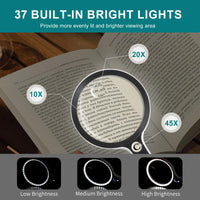 1 x RAW Customer Returns Large Magnifying Glass with 37 LED Light, 10X 20X 45X Reading Magnifier Handheld Magnifying Glass with 3 Light Modes, Storage Bag, Cleaning Cloth for Seniors, for Reading Coins, Inspection, Hobbies - RRP €29.99