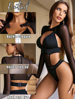 1 x RAW Customer Returns Avidlove Rave Outfits for Women Sexy Lingerie Bodysuit Buckle Shrug Crop Top Set Black L - RRP €22.18