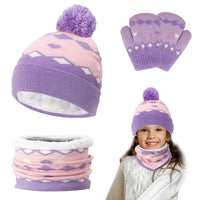 1 x Brand New TSLBW Kids Winter Beanie Neck Warmer Gloves Set, Thermal Knit Hat Scarf Gloves Thick Pom Kids Beanie for Children Sports Winter Sports Accessories Set 2-6 Years Purple  - RRP €24.0