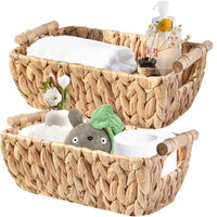 1 x RAW Customer Returns OUTBROS Storage Basket Shelf Basket Made of Water Hyacinth, Woven Baskets for Organization with Wooden Handle, Set of 2 Decorative Organization Box for Countertop, Toilet Paper Basket for Toilet - RRP €30.24