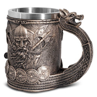 1 x RAW Customer Returns Nordic Viking Ship Draon Drakkar Beer Mug Stainless Steel Insert, Bronze Colored Viking Warrior Coffee Cup Stein for Collector Gift 550 ml - RRP €30.92