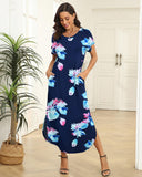 3 x Brand New AUSELILY Women s Summer Maxi Dress Short Sleeve Summer Dress Casual Dress Long with Slit Beach Dress T-Shirt Dress with Pockets Floral Navy Pink M - RRP €66.72