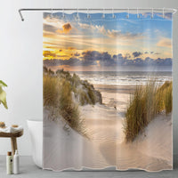 1 x RAW Customer Returns LB Beach Shower Curtain 150x180cm Sunset Landscape Tropical Island Anti-Mould Waterproof Bathroom Curtains, Seascape Short Polyester Fabric Bath Curtain with Hooks - RRP €20.56