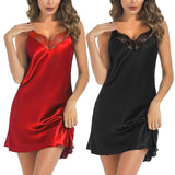 1 x RAW Customer Returns Marvmys satin nightdress women s short sexy negligee with lace V-neck sleepshirt night dress underdress for women B-black red L - RRP €19.1