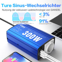 1 x RAW Customer Returns GIANDEL 300W Pure Sine Wave Inverter Voltage Converter 12V DC 230V AC Car Adapter with PD30W Type-C and QC 3.0 Type-A USB and Socket For Tablets Laptops Smartphones - RRP €61.5