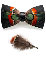 1 x RAW Customer Returns JEMYGINS Handmade Wedding Party Leather Bow Tie Feather Bow Ties with Gift Box Set for Men 12 , Black Feather Dark Green Orange - RRP €18.99