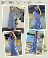 1 x RAW Customer Returns Toplop Dresses Women Long Round Neck Summer Dress Boho Office Beach Dress Belt Wrap Dress Ruffles Short Sleeve Swing Maxi Dress Business Outfit with Button and Pocket 76Gray Blue M1 - RRP €38.99