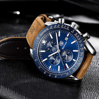 1 x RAW Customer Returns BENYAR Men s Watch Quartz Sport Chronograph Fashion Brand Business Watch Men Brown Leather Watch Waterproof Scratch-Resistant Analogue Automatic Date Elegant Gift Wristwatch Steel Blue  - RRP €42.06