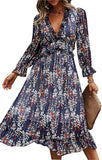 1 x RAW Customer Returns ZIYYOOHY Women s Long Dress Chiffon Ruffles with Deep V-Neck Floral Print Summer Dress Cocktail Dress Party Dress Maxi Dress Beach Dress Blouse Dress Long Sleeve 3055-Navy Blue, XL  - RRP €30.24