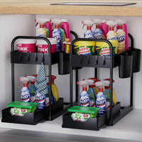 1 x RAW Customer Returns 2 Tier Kitchen Under Sink Organizer, Under Sink Organizer with 2 Handles, Sliding Storage Shelf with 4 Hooks and 2 Hanging Cup, Removable Drawers for Bathroom Black-2 Pieces  - RRP €29.99