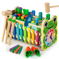 1 x RAW Customer Returns Amtreen Frog Hammer Toy Drum Music Toy Xylophone, 6 in 1 Wooden Toy, Multifunctional Toy Box, Montessori Development Toy, Gift for Children Ages 3 4 5 Years Old - RRP €23.18