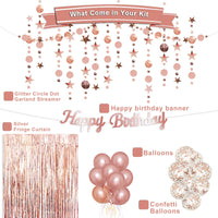 1 x RAW Customer Returns Rose gold birthday party decoration - happy birthday garland, glitter stars and circles garland, confetti balloons, rose gold latex balloon, tablecloth, glitter curtain for girls birthday decoration for women - RRP €14.11