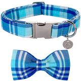 1 x Brand New DOGWONG Dog Collar with Removable Bow Tie, Blue Plaid Pet Collar Dog Bow Tie Gift for Girl or Boy Dogs, Comfortable Adjustable Dog Collar for Small Medium Dogs - RRP €14.99