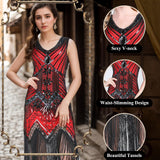 1 x RAW Customer Returns FEPITO 1920s V Neck Sequin Beaded Fringe Dress with 20s Accessories Set Red Style 4 , Medium  - RRP €38.59