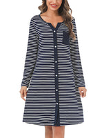 1 x RAW Customer Returns Marvmys nightdress women s cotton sleep shirt with full button placket stripe short-sleeved night dress sleep shirt nightwear maternity nursing nightdress blue-long sleeves M - RRP €23.99