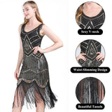 1 x RAW Customer Returns FEPITO 1920s V-Neck Sequin Fringe Dress with 20s Accessories Pure Black Gold, Medium  - RRP €39.59