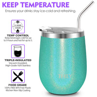 1 x RAW Customer Returns THILY Vacuum Insulated Stemless Wine Glass - Stainless Steel 12oz Cute Travel Mug with Leakproof Lid and Straw, Keeps Drinks Cold or Hot, Glitter Teal - RRP €18.04