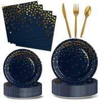 1 x RAW Customer Returns Nkaiso party tableware 144 pieces navy blue gold children s birthday girls party decoration accessories set paper tableware set including paper plates forks napkins for wedding decoration anniversary 24 guests - RRP €17.3