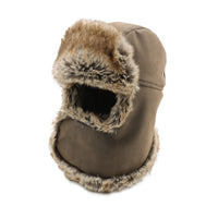 1 x RAW Customer Returns Heavyoff Unisex Faux Leather Balaclava Faux Fur Aviator Hat Warm Winter Hat Windproof Trapper Hat Brown Large - RRP €39.95