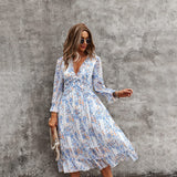 1 x RAW Customer Returns ZIYYOOHY Women s Long Dress Chiffon Ruffles with Deep V-Neck Floral Print Summer Dress Cocktail Dress Party Dress Maxi Dress Beach Dress Blouse Dress Long Sleeve L, 3055-White  - RRP €38.3