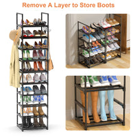 1 x RAW Customer Returns FINEW shoe rack with 10 levels, shoe stand narrow shoe racks made of metal, 20-24 pairs of shoes storage, shoe cabinet shoe storage with hooks for living room, dressing room and hallway - black - RRP €29.23