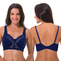 1 x RAW Customer Returns Curve Muse Women s Plus Size Minimizer Lace Full Coverage Unlined Wireless Bra-2 Pack-Navy,White-90D- EU 75D  - RRP €37.68