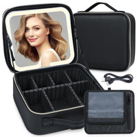 1 x RAW Customer Returns Bestauty cosmetic bag with mirror and light 3 colors LED makeup box portable travel make up bag with adjustable dividers, makeup organizer with LED mirror PU leather waterproof black - RRP €40.02