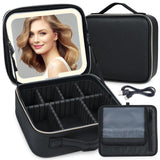 1 x RAW Customer Returns Bestauty Cosmetic Bag with Mirror and Light 3 Colors LED Makeup Box Portable Travel Makeup Bag with Adjustable Dividers Makeup Organizer with LED Mirror PU Leather Waterproof Black - RRP €40.02