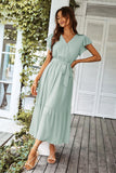 1 x RAW Customer Returns Awemeal Dress Women Summer Elegant V-Neck Short Sleeve Long Summer Dress Boho Floral Dress with Belt Ruffle Hem Wrap Dress Beach Dress A Line Flowing Maxi Dress S, Green  - RRP €40.33