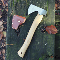 1 x RAW Customer Returns Xforst axe X-TA5, hatchet made of forged carbon steel. Hand axe made of hickory wood handle with blade protection made of genuine leather. Viking axe model. - RRP €30.16