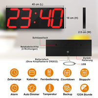 1 x RAW Customer Returns CHKOSDA LED Clock Digital Clock Large Wall Clock with 18 Inch LED Display, Countdown Clock with 8 Adjustable Brightness, 16 Alarm Settings, 12 24 Hour Display, Temperature and Calendar Display Red  - RRP €89.99