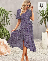 1 x Brand New BebreezChic Summer Dress Women Long Boho Floral Short Sleeve V-Neck Elegant Wrap Dress Beach Dress Maxi Dress with Belt, Blue-Violet S - RRP €37.04