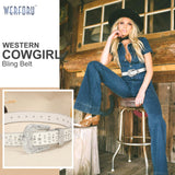 1 x RAW Customer Returns WERFORU Rhinestone Studded Belt for Men Women, Western Leather Belt for Cowgirl Cowboy Vintage Bling Belt for Pants Dress - RRP €18.14