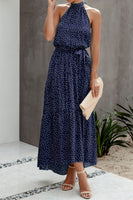 1 x RAW Customer Returns Awemeal Women s Summer Dress Long Floral Pattern Boho Dress Sleeveless Halterneck Beach Dress Ruffle Maxi Dress with Belt M, 259 Dark Blue  - RRP €45.99