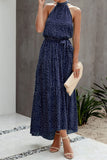 1 x RAW Customer Returns Awemeal Women s Summer Dress Long Floral Pattern Boho Dress Sleeveless Halterneck Beach Dress Ruffle Maxi Dress with Belt M, 259 Dark Blue  - RRP €45.99