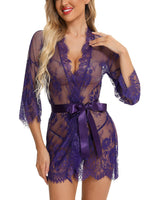 1 x Brand New BESDEL Women s Lace Kimono with Eyelashes Babydoll Lingerie Long Sleeve Mesh Nightgown with Thong Purple XL - RRP €24.0