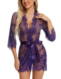 1 x Brand New BESDEL Women s Lace Kimono with Eyelashes Babydoll Lingerie Long Sleeve Mesh Nightgown with Thong Purple XL - RRP €24.0