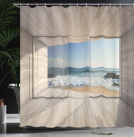 1 x RAW Customer Returns ABAKUHAUS Ocean Shower Curtain, Overlooking Sea Waves Rock, Textile Bathroom Decor Set with Hooks, 79 x 87 , Beige Blue White - RRP €28.19