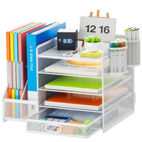 1 x RAW Customer Returns Marbrasse Desk Organizer with File Holder, 5 Levels Paper Letter Tray with Drawer and 2 Pen Holders, Desk Mesh Storage Compartments Organizer with Document Tray for Office Supplies White  - RRP €37.28