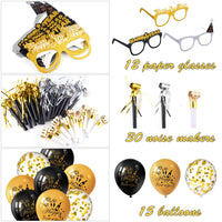 13 x RAW Customer Returns TUPARKA 57 pieces 2024 New Year s Eve party supplies, including paper New Year glasses, noise generator and the Black Gold Party Balloons New Year decorations NYE party supplies - RRP €207.74